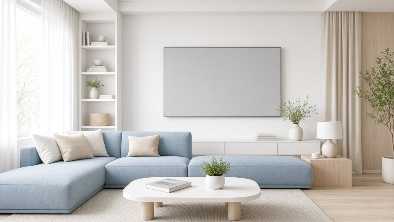 Bright living room with a large television
